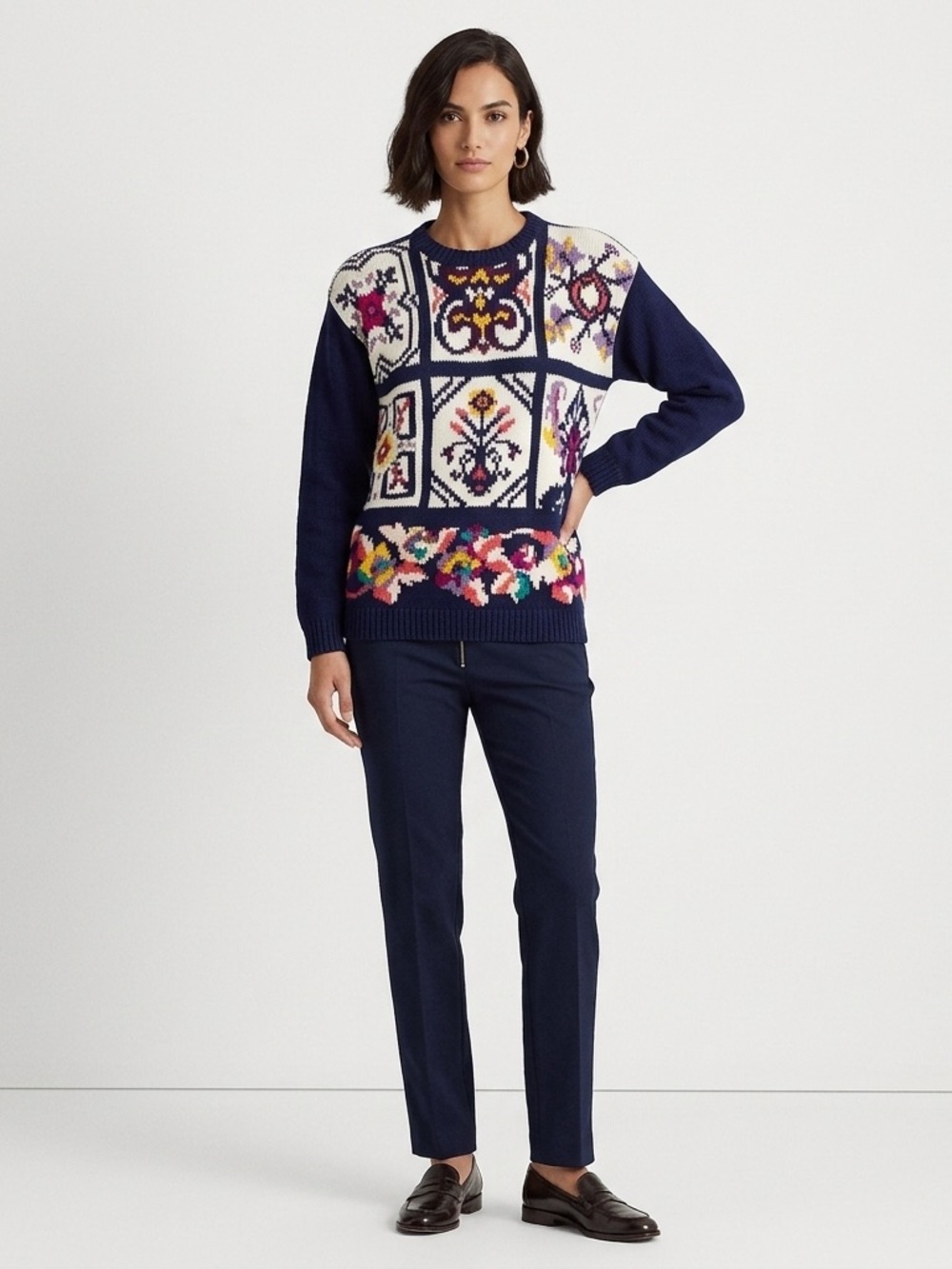 Vintage 80s 90s Blue Floral Granny Square Tile Oversized Crewneck Knit Sweater